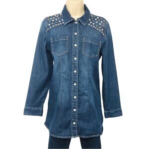 Chicos Size 0 Denim Snap Front Tunic Top Long Sleeve Western Style Bling Yoke